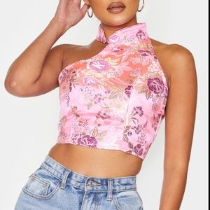 Pretty Little Thing light pink satin oriental high neck asymmetric crop top